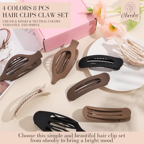 obeoby 8 Pcs Flat Hair Clips, Neutral Color Flat Claw Clips 2 Styles Hair Claws for Women Girls Medium Hair Volume French Hair Barrettes Accessories