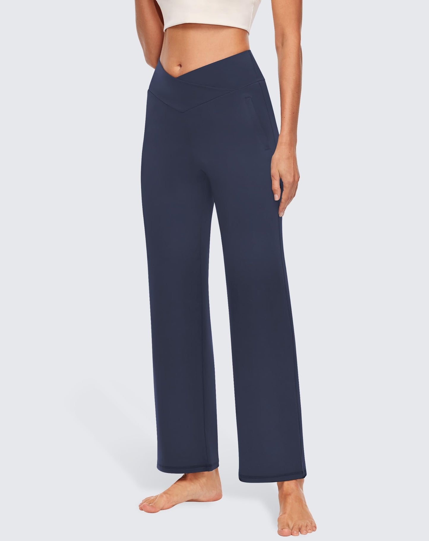 SEMARO Womens Wide Leg Dress Pants Crossover High Waist Stretch Casual Work Slacks Trousers with Zipper Pocket Navy