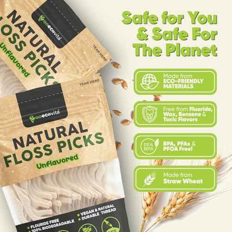 Biodegradable Floss Picks (Unflavored) - Natural Straw Wheat Handle | Thin & Durable Thread for Tight Gaps! | Dental Flossers for Adults | Gentle on Gums & Teeth | Eco Friendly, Vegan (100 Pack)