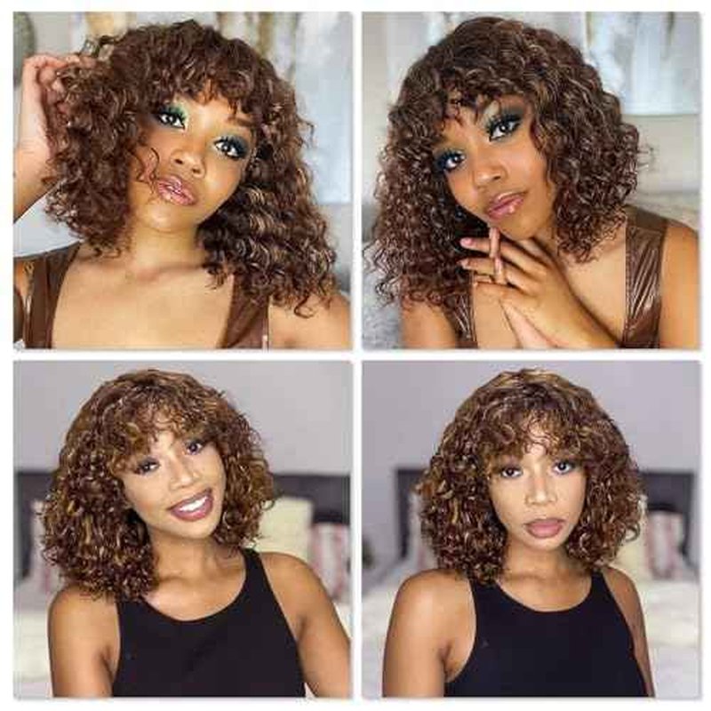 12" Highlights Curly Human Hair Wig with Bangs Short Curly Bob Wigs for Black Women Water Wave Human Hair Wig with Bangs Blonde Highlight Curly Wigs Wear and Go None Lace Front Glueless Wig F4/27
