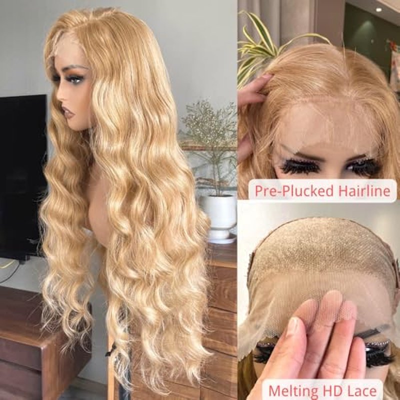 Honey Blonde 13x6 Lace Front Wig 32 Inch Loose Wave Brown Mixed Color Glueless Synthetic Pre Plucked for Black Women HD Lace 150% Density Long