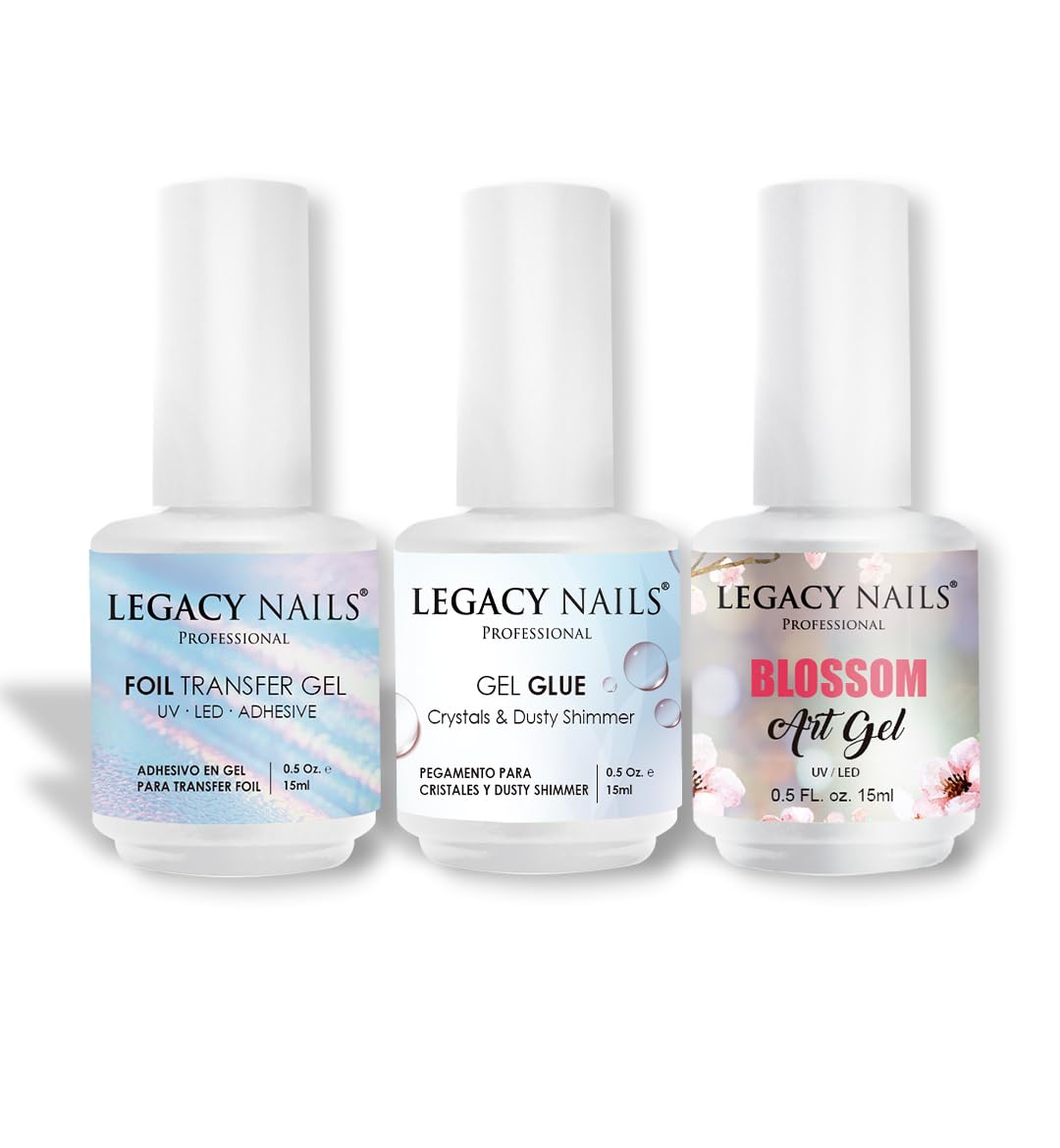 Legacy Nails Professional - Gel Glue & Foil Transfer Gel & Blossom Art Gel - The 3 Star Products for Your Designs.