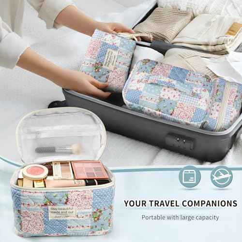 Cute Quilted Floral Makeup Bag(3Pcs)£¬Coquette Aesthetic Cosmetic Bag£¬Travel Toiletry Bags£¬ Kawaii Aesthetic pouch for Women (64-GridRose)