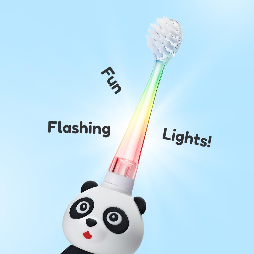 BrushBaby - WildOnes - Kids Rechargeable Electric Toothbrush, Ages 0-10 - Panda Design with Flashing Lights - DeepClean Bristles for Superior Cleaning - 2 Replacement Brush Heads, 1 USB Cable