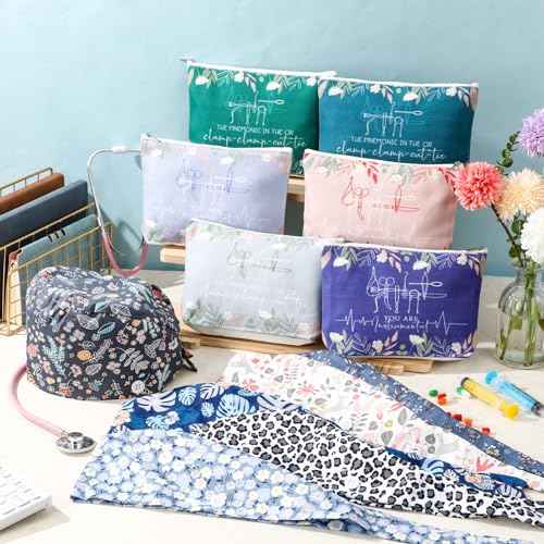 12 Pcs Nurse Appreciation Gift Set Adjustable Scrub Caps with Canvas Makeup Bags Christmas Thank You Gift Bulk for Nurse Doctor Staff Medical Surgical Technologist Holiday Party Favors