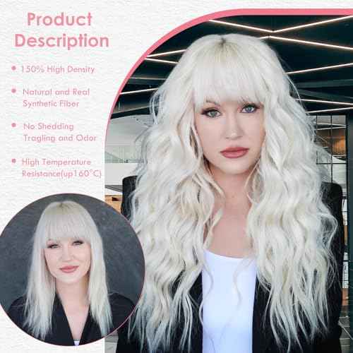MERISIHAIR Long White Wavy Wig with Bangs 26 Inches Natural Looking Synthetic Heat Resistant Hair Wigs for Women Daily Party Cosplay Wigs
