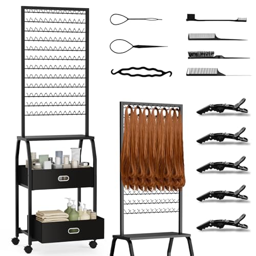 Portable Braiding Hair Rack with Wheels & Storage Drawers,2-Sided 288 Pegs,Hair Extension Holder Hanger for Braiding Hair Separator Stand Display,Hair Rack with Stylist Hair braiding Tools (Black)