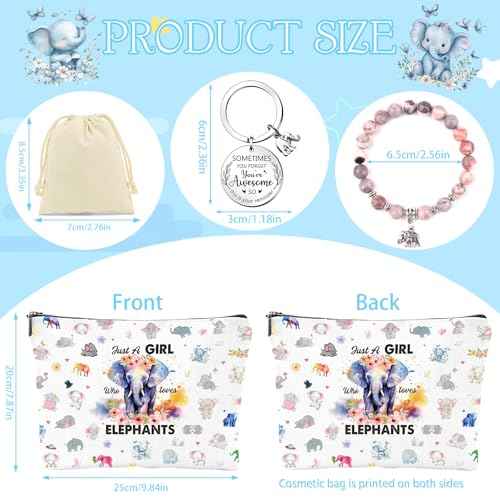 Elephant Gifts for Women - 3Pcs Elephant Lovers Birthday Gifts Set, Cute Cartoon Elephant Makeup Bag Keychain and Healing Bracelets, Christmas Valentines Mother's Day Wedding Gift