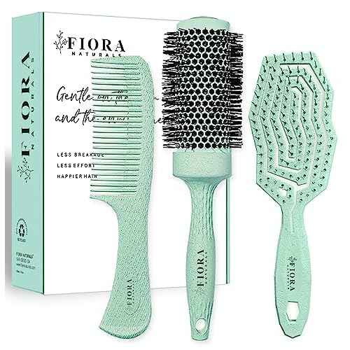 Fiora Naturals Hair Brush Set - Detangler, Round Brush, and Comb for Women - Bio-friendly Brushes for All Hair Types including Natural, Fine & Curly - Ideal for Detangling and Blow Drying