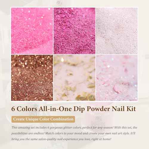 Dip Powder Nail Kit Starter, 6 Colors All Seasons Nude Pink Glitter Dipping Powder Set Nail Art Kit with French Dip Container for Women Manicure Design 19Pcs