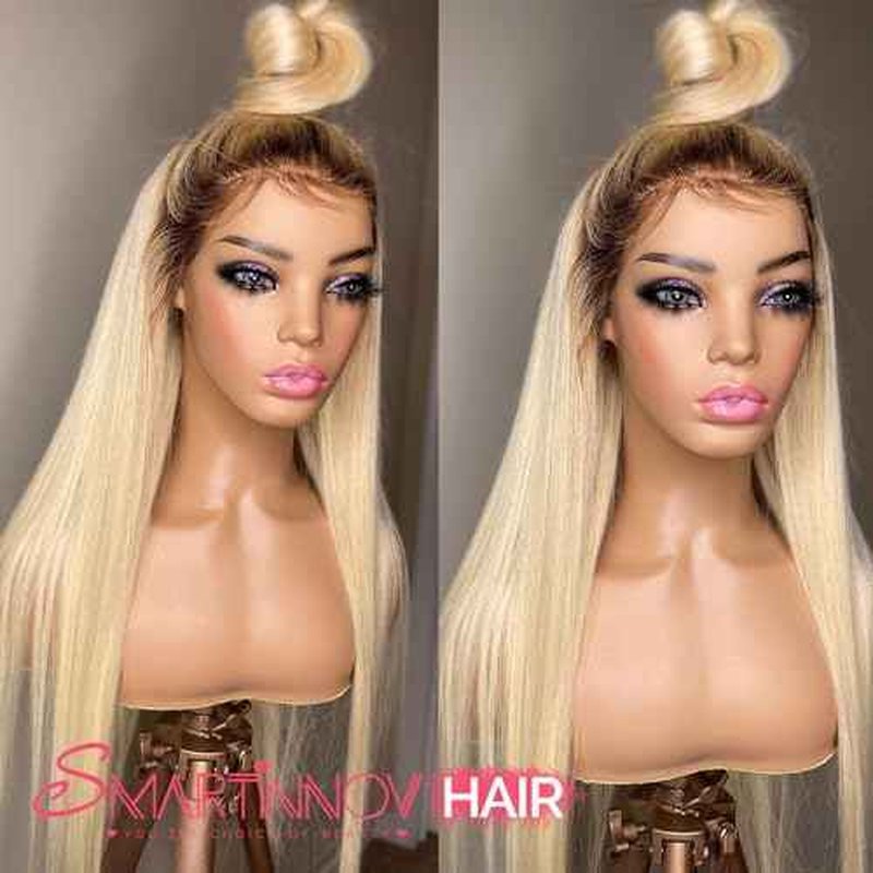 13x4 HD Lace Frontal Wigs 1B613 Ombre Blonde Human Hair Pre Plucked 150% Density 24 Inch Straight Bleached Knots with Dark Roots Transparent Invisible Glueless Lace Front Human Hair wigs for Women