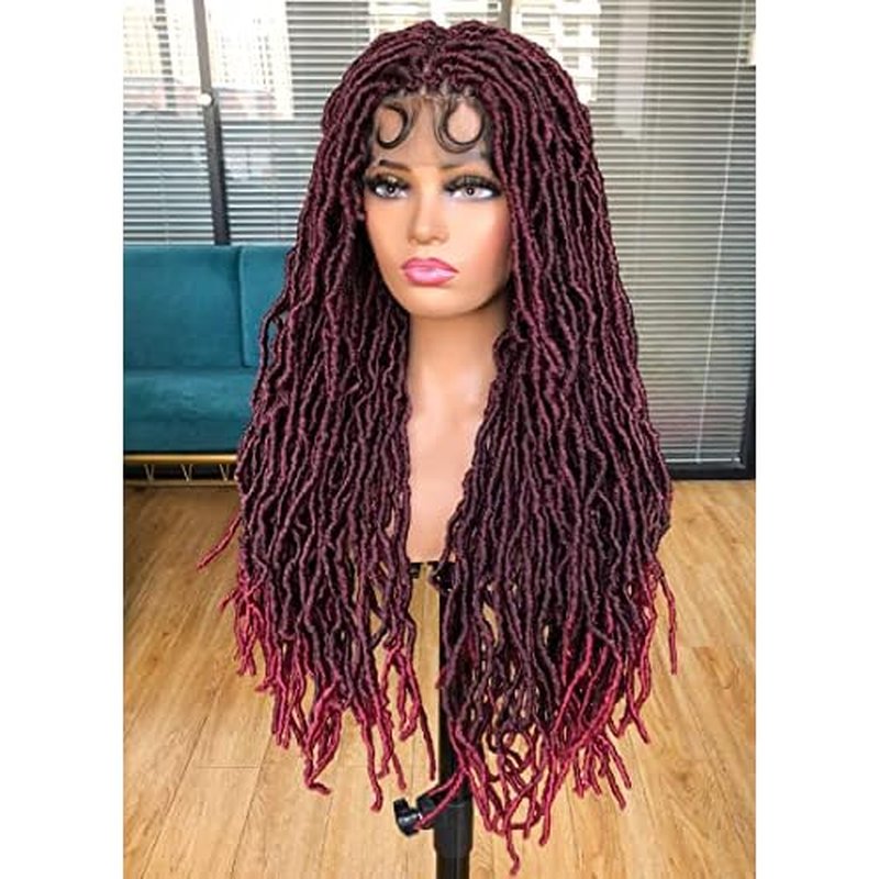 Annivia 32Inch Full Double Lace Box Braided Wigs for Black Women Faux Locs Square Knotless Wigs with Baby Hair Long Dreadlock Wig Natural Black Hand-braided Synthetic Twist Lace locs Wig Ombre Red