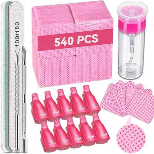 TsMADDTs Gel Nail Polish Remover Tools Kit with 540 Lint Free Wipes, 10 Soak Off Clips, 100ml Nail Polish Remover Bottle, Cuticle Pusher/Peeler, File, Buffer Block