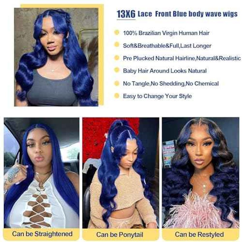 30 Inch Blue Lace Front Wigs Human Hair 13x6 Hd Transparent Body Wave Lace Frontal Wigs Human Hair Pre Plucked 180% Density Glueless Dark Blue Wig for Women Wear And Go Navy Blue Wig