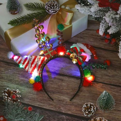 Woeoe Led Christmas Headband Santa hat Hair Hoop Bells Cute Christmas Costume Snowman Headpieces Light Up Headpiece