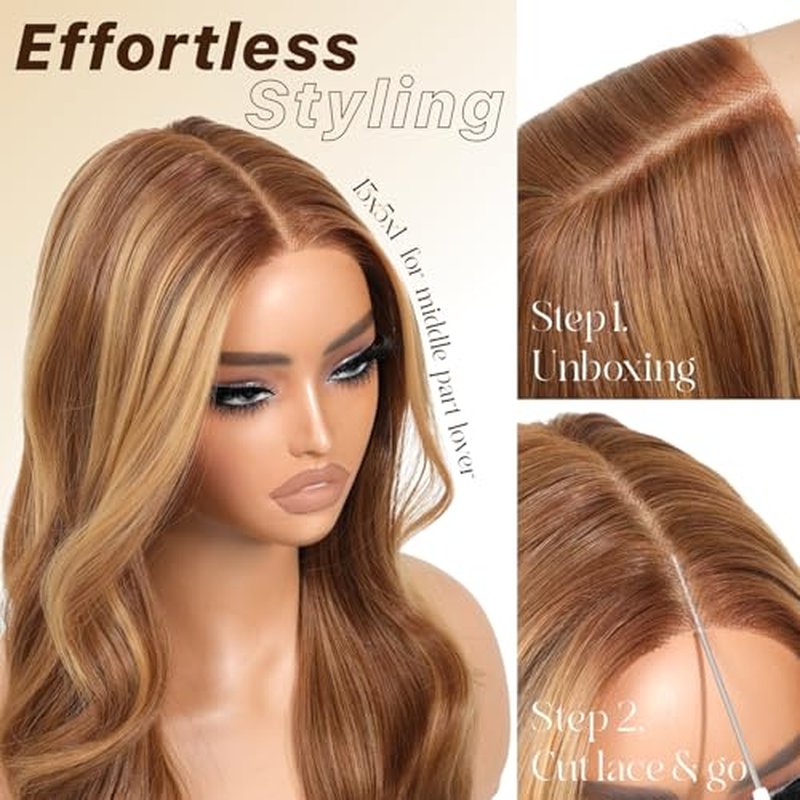 Honey Blonde Body Wave Glueless Wigs With Bangs Synthetic Lace Front Wigs Pre Plucked Pre Cut HD Lace 13x5x1 Middle Part Wigs For Woman 26 Inch