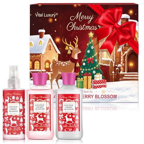Christmas Bath and Body Gift Set - Luxurious Japanese Cherry Blossom Spa Kit with Gel, Lotion, Mist, a Warm Christmas Gift for Mom, Aunt, Girlfriend & Friends Who Loves Self-Care