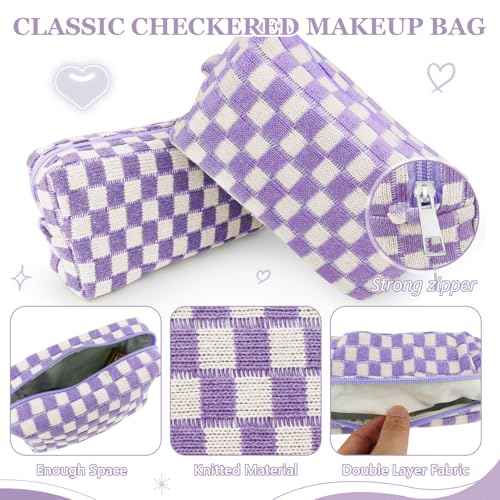 Preppy Checkered Makeup Bag Set with 7 Pcs Friendship Bracelets and 50 Purple Stickers Cute Cosmetic Travel Pouch Teen Girls' Gifts Perfect for Skincare Supplies Birthday Gift Idea, 58 Pcs