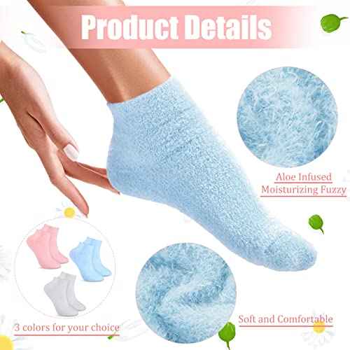 Janmercy 3 Pairs Aloe Socks Moisturizing Spa Infused Gel Sleeping Fuzzy Dry Feet Non Slip Lotion Socks for Women Men Repairing Softening Dry Cracked(Pink, Blue, Gray)