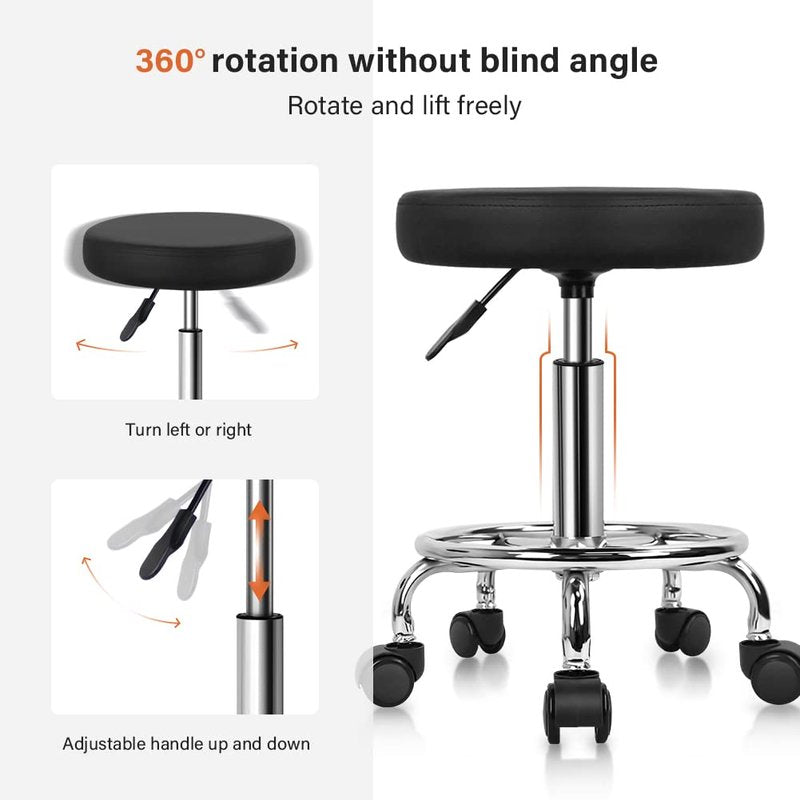 KKTONER PU Leather Round Rolling Stool with Foot Rest Swivel Height Adjustment Spa Drafting Salon Tattoo Work Office Massage Stools Task Chair Cushion 14 inches (Black)
