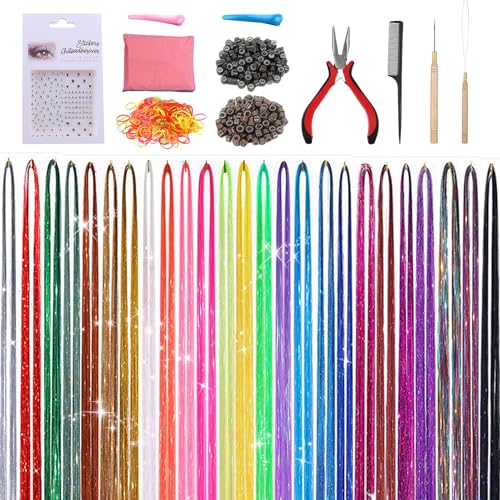 25 Colors Tinsel Hair Extension Heat Resistant With Tool,48 Inches 6000 Strands Fairy Hair extension kit for Halloween Cosplay Christmas New Year Birthday Theme Party,Highlights Sparkling Glitter Hair