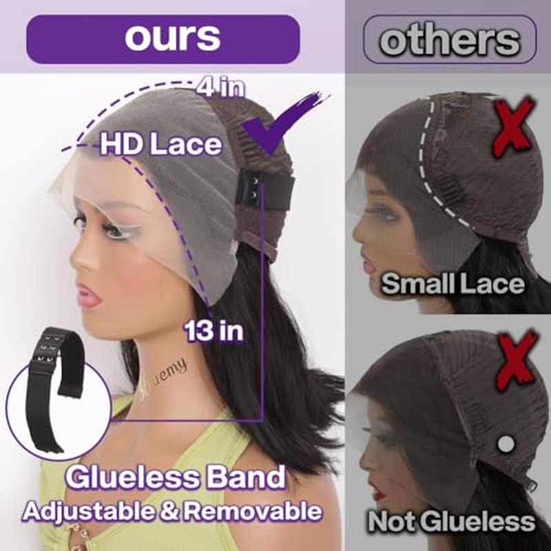 Bob Wig Human Hair 13x4 HD Lace Frontal Short Straight Lace Front Bob Wigs for Black Women Human Hair Pre Plucked Glueless Side Part 180% Density Black Color 14 Inch