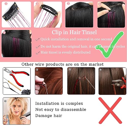 Gold Hair Tinsel Pack of 12 Pcs Clip in Hair Tinsel 20 Inch Glitter Tinsel Hair Extensions, Festival Tinsel Fairy Hair Extension Party Dazzle Hair Accessories Strands Kit (12Pcs,Gold#)