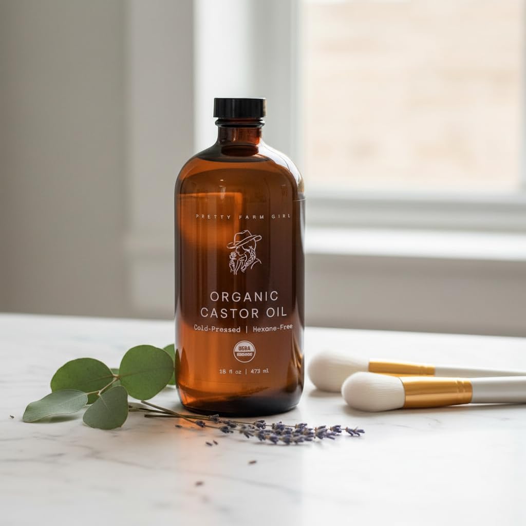 Pretty farm girl Pure Organic Castor Oil - Cold-Pressed & Hexane-Free - 100% Pure - Amber Glass Bottle - All Skin & Hair Types