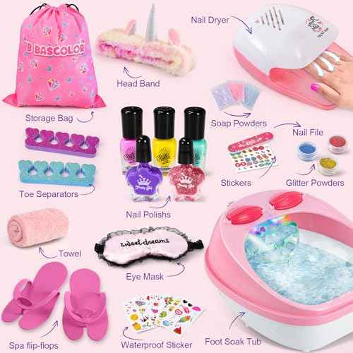 Kids Foot Spa & Nail Kit Set, Kids Spa Day Kit for Girls, Massage Foot Soak Tub and Nail Dryer, Manicure Pedicure Art Salon Girl Gift for 5-12, Christmas Birthday Gifts