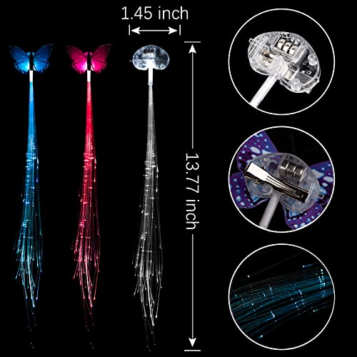 12 Pack Led Light Up Fairy Hair Accessories Braid Extension Butterfly Clips for Women Girls, Glow in the Dark Party Favors Supplies Neon Rave Accessories Wig for Festival Halloween Christmas Birthday