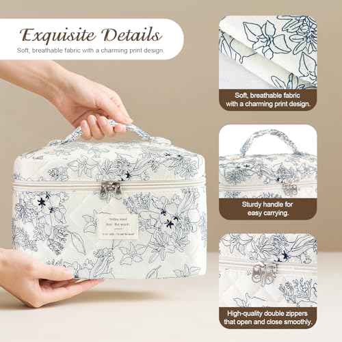 Large Travel Quilted Makeup Bag for Women, Floral Cotton Cosmetic Bag Cute Coquette Aesthetic Floral Toiletry Organizer Bag for Girls Little Blue Flower Cosmetic Zipper Storage Bag