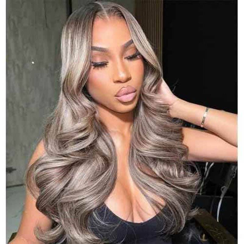 Rina 13x6 Ombre Milk Tea Ash Blonde with Brown Highlights Lace Front Wig Human Hair 210% Density Upgreads Ombre Roots Ash Blonde Highlights Brown Wigs Pre Plucked 13x6 Hd Lace Wig for Women 20 Inch