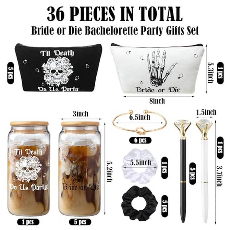Hushee 30 Pcs Bride or Die Bachelorette Party Supplies Till Death Bridesmaids Gifts 16 oz Glass Cup Makeup Bag Scrunchy Knotted Bracelet Diamond Pen for Gothic Halloween Bridal Shower Wedding Supplies