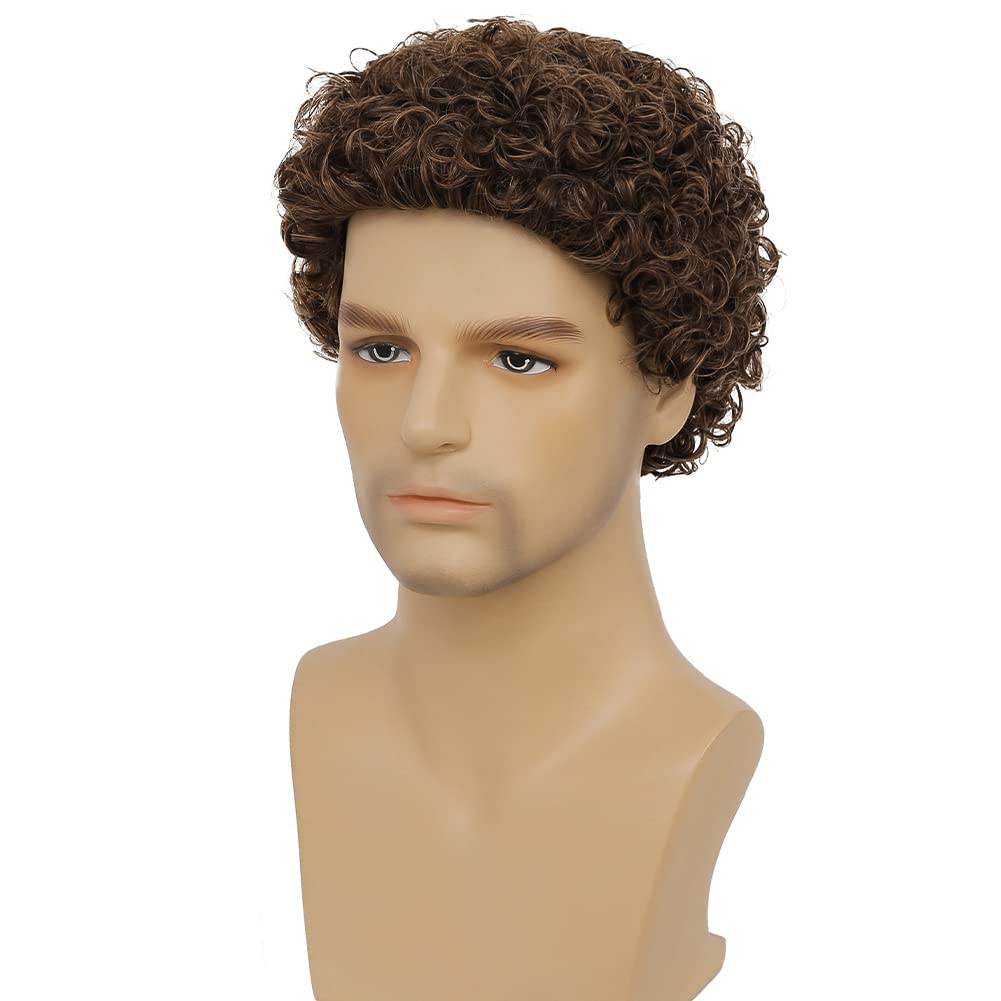 Tseses Mens Brown Curly Wigs Short Afro Rocker Wig Synthetic Daily Cosplay Party Costume Hair Wigs for Male Guys