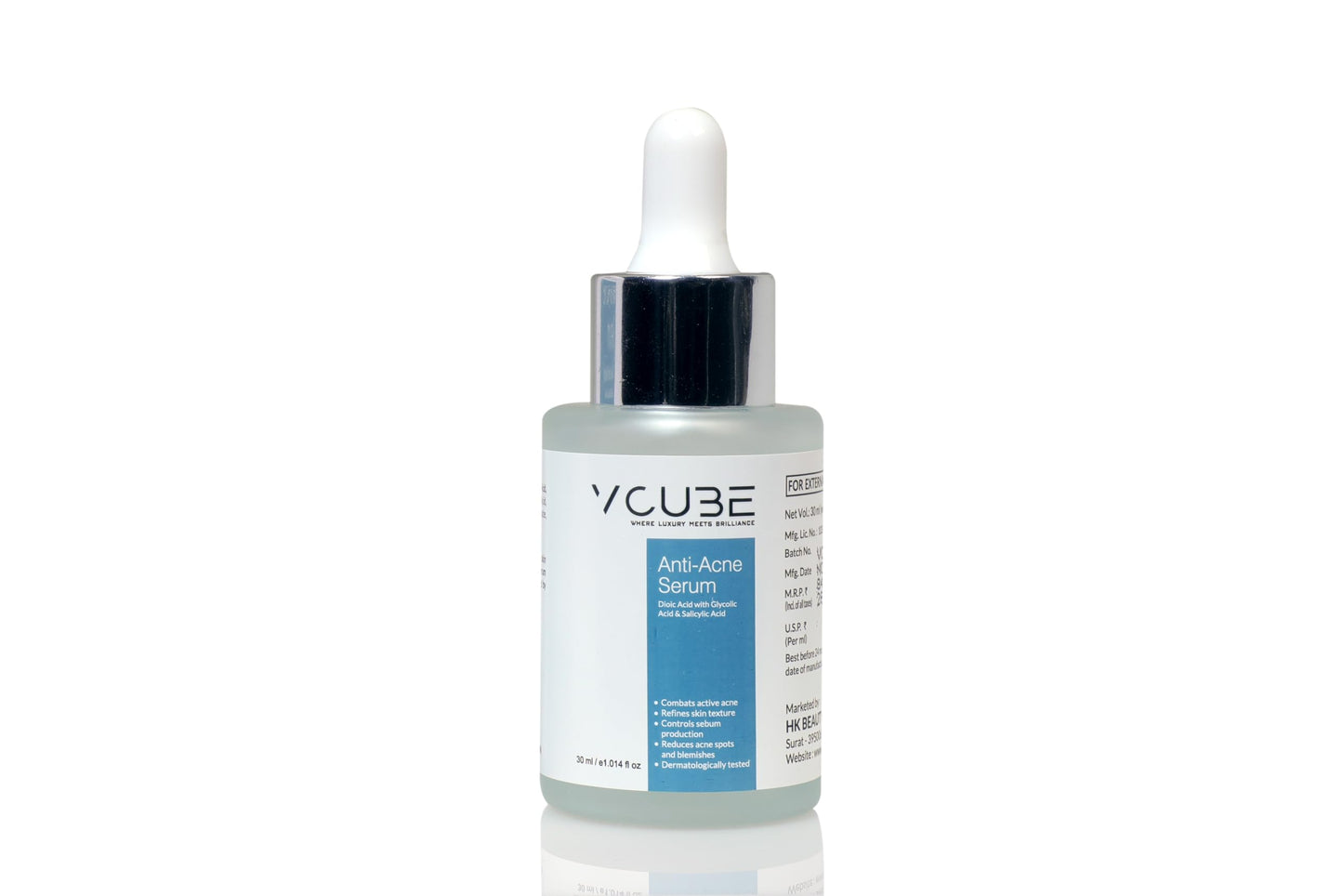 HK BEAUTY CARE VCUBE Anti-Acne Face Serum with Dioic Acid, Glycolic Acid & Salicylic Acid – Acne Control, Oil Balancing, Blemish & Spot Reduction – 30 ml