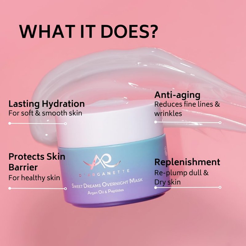 D'Arganette Sweet Dreams Sleeping Mask - Antioxidant-Rich Argan Oil & Peptides | Hydrating Face Moisturizer for Dry Skin - 3.4 oz