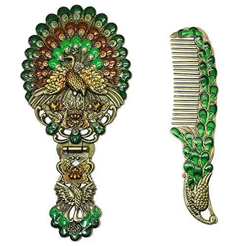 Rayberro Vintage Handheld Mirror with Comb Set, Metal Embossed Peacock Vintage Hand Mirror, Face Beauty Makeup Mirror, Foldable Personal Cosmetic Mirror, Portable Compact Travel Mirror (Green)