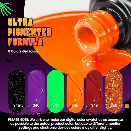 Beetles Halloween Gel Nail Polish Set - Hocus Pocus 6 Colors Gel Polish Kit, Orange Green Purple Black Red Glitter Fall Colors, Soak Off Nail Lamp UV LED Cured Nail Art Design Manicure Gift for Women
