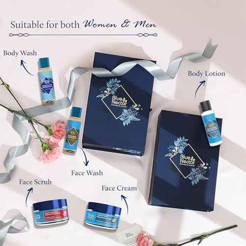 Premium Beauty Gift Set for Women & Men | Blue Nectar Face Wash, Cream, Scrub, Body Wash & Body Lotion with Herbal Ingredients | Ideal Christmas Holidays Gift for Mom, Dad, Girlfriend & Coworkers