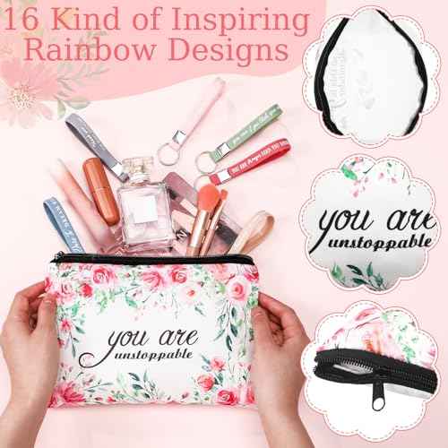 Hillban 32 Pcs Canvas Cosmetic Makeup Bag Women Christmas Inspirational Gifts Travel Toiletry Makeup Bag Pouch with Inspirational Keychains for Christmas Women Teacher Appreciation Gift(Flowers)