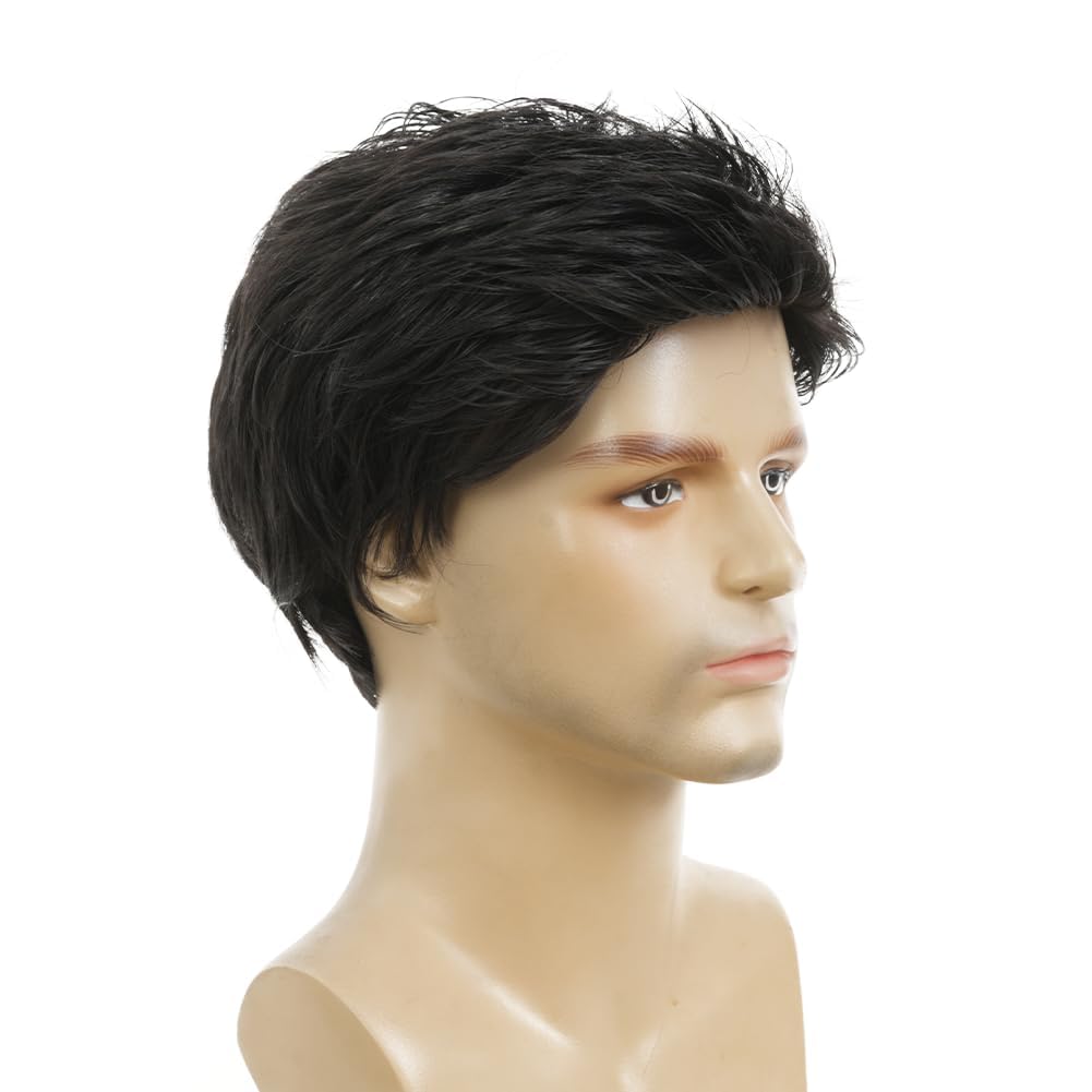 Men's Short Black Wig - Layered Straight Fluffy Hair for Daily Cosplay | Comfortable Fit