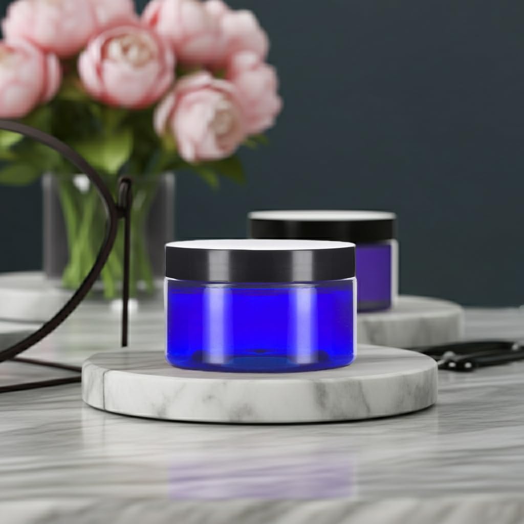 (12 pack) 6 oz Cobalt Blue PET Plastic Jar with Black Smooth Lid Storage Containers