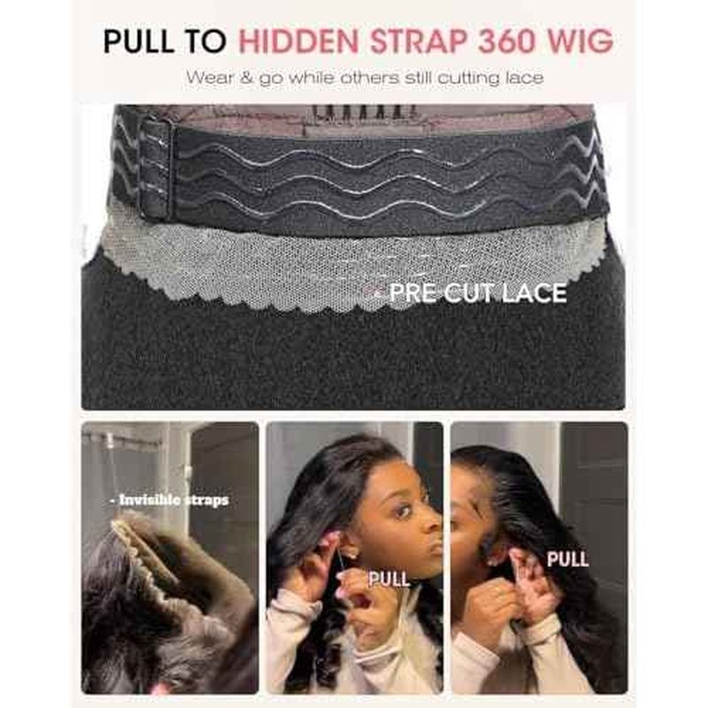 Kinky Straight Hidden Strap Invisi Drawstring 360 HD Full Lace Front Wigs Human Hair Pre Plucked Pre Cut Yaki 200 Density 360 Frontal Glueless Wigs Human Hair for Black Women 16 Inch