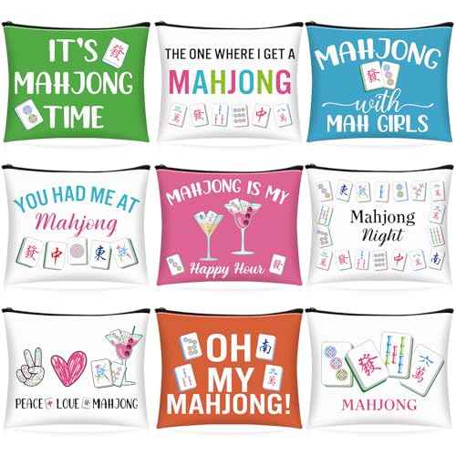 9 Pcs Mahjong Cosmetic Bag Gifts for Women Mahjong Makeup Bag Mah Jong Zippered Pouch for Lover Player Friend Mom Grandma Lucky Birthday Christmas New Year Gift
