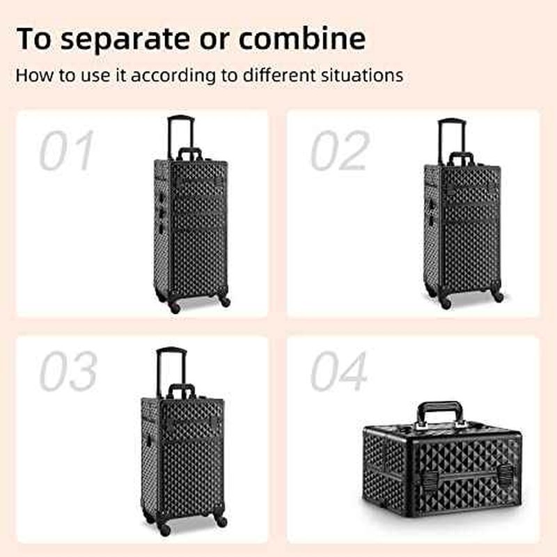 Rolling Makeup Case 4 in 1,Professional Makeup Train Case organizers,Large Storage Cosmetic case Trolley,Makeup Travel Case for Salon Barber Bright Black