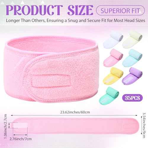 35 Pack Spa Facial Headband for Women Adjustable Face Wash Makeup Stretch Flannel Headband Bulk with Tape for Women Hair Wrap Towel Skincare Facial Mask Bath and Sport, Macaron Color