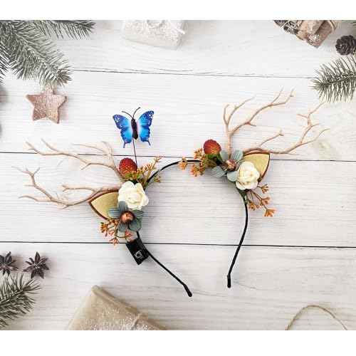 LED Christmas Headband Light up Deer Antlers Headpiece Reindeer Ears Headbands Holiday Headpiece Xmas Hair Accessories (Warm white light)