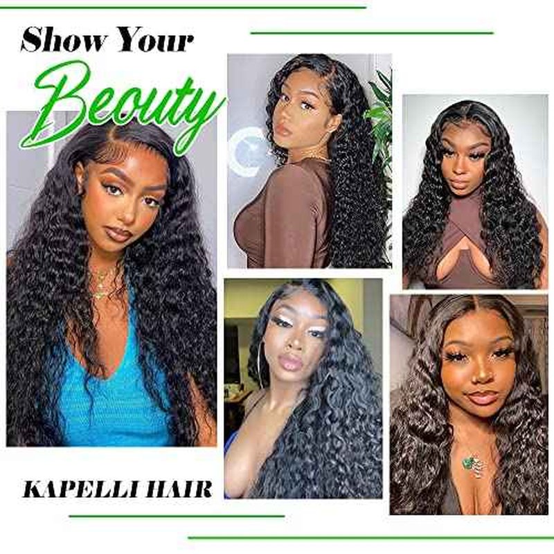 Kapelli Hair 30 Inch 13x4 Lace Frontal Water Wave Regular HD Lace Frontal, 200% Density, 100% Brazilian Virgin Human Hair Ear to Ear HD Lace Pre Plucked with Baby Hair Natural Black Color