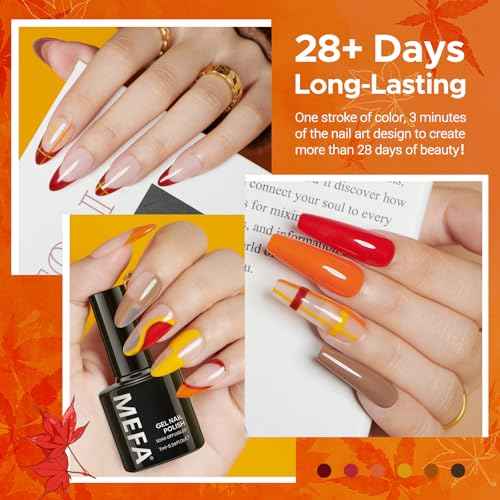 MEFA 6 Colors Fall Gel Nail Polish Set, Shades Orange Red Brown Glitter Yellow Soak Off Gel Polish Spring Summer Tones Nail Art Design Salon Home Manicure Kit Gifts