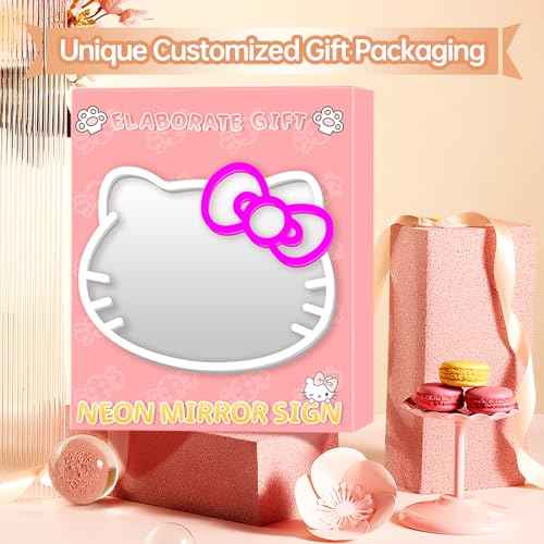 Anime Hello Kit Cat Neon Sign Mirror L16.1 W14 Vanity Mirror with Lights Bedroom Wall Mirror for Pink Room Decor and a Makeup Mirror with Lights Teen Girl Gifts